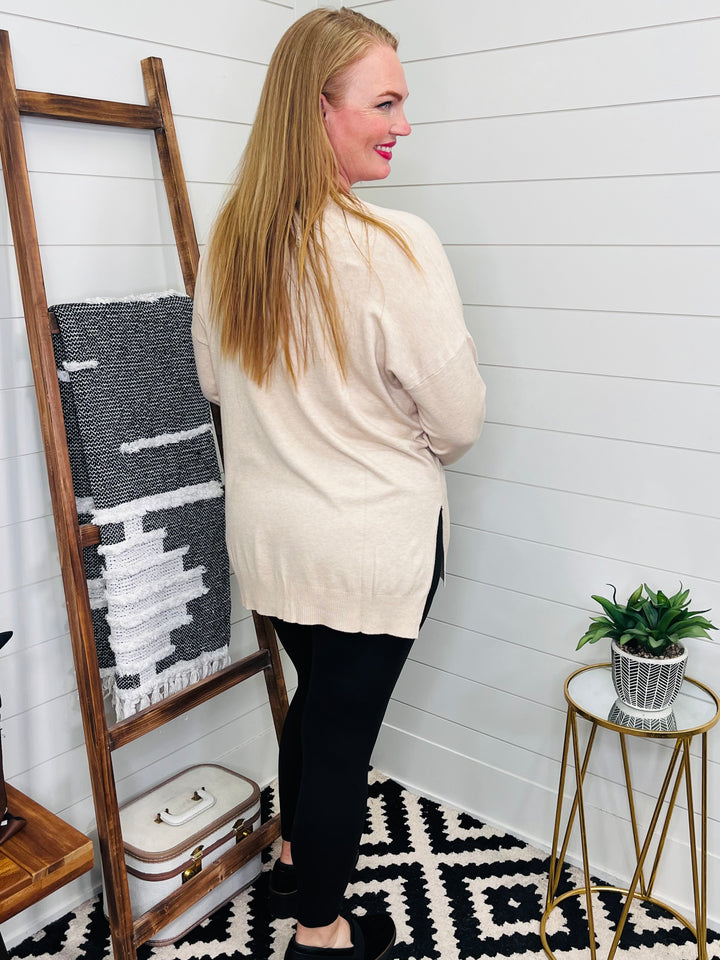 Luxe Hi-Low Center Seam V Neck Sweater: Beige