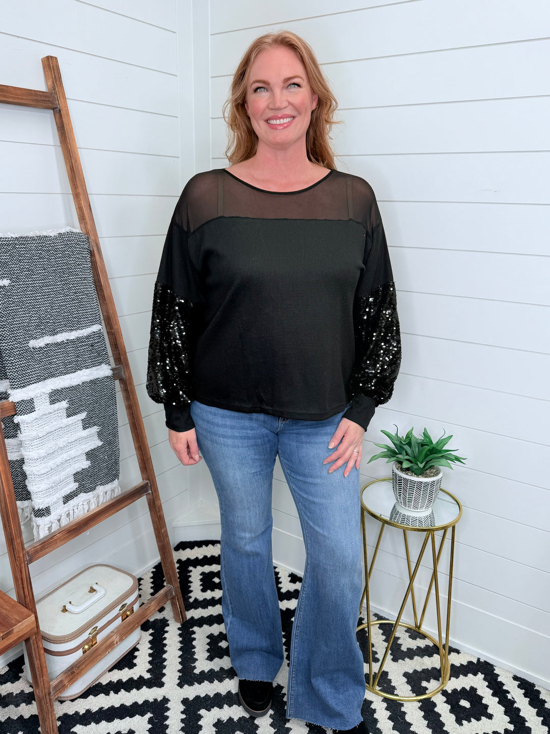 Chic Black Sequin Sleeve Top