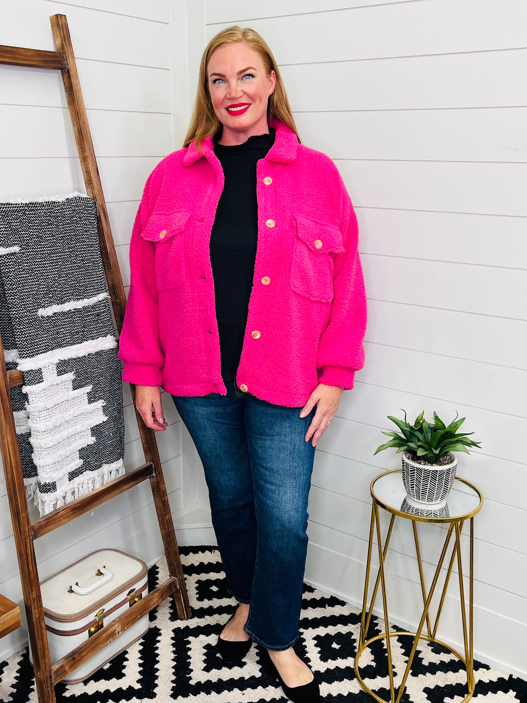 Hot Pink Sherpa Button Up Shacket