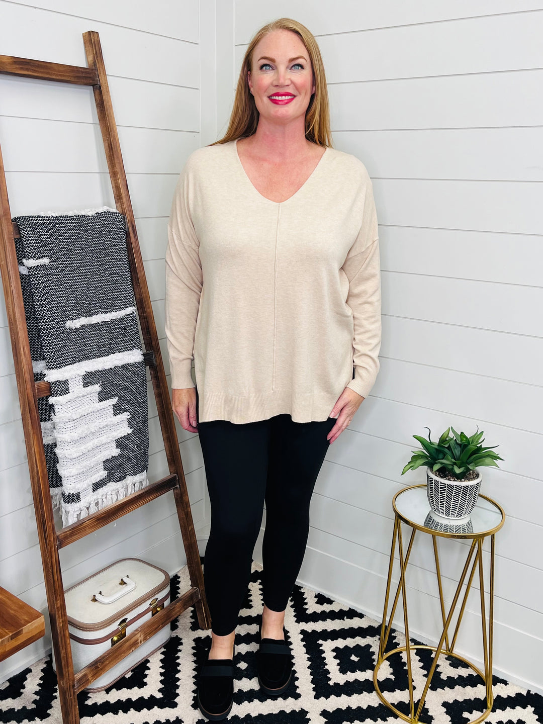 Luxe Hi-Low Center Seam V Neck Sweater: Beige