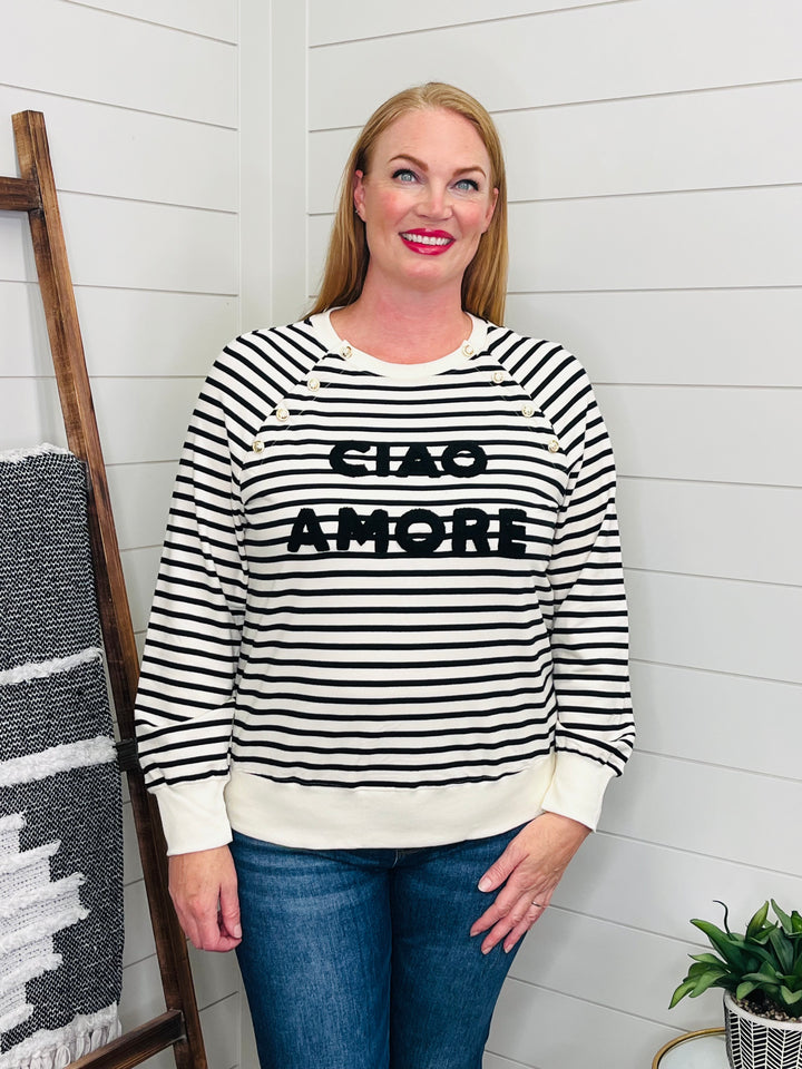 Ciao Amore Striped Button Detail Sweatshirt