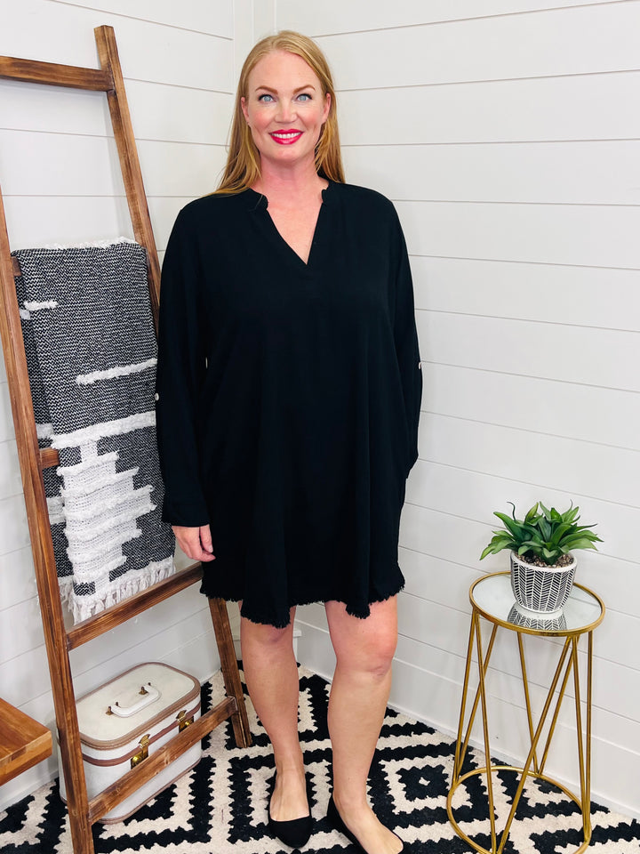 Raw Edge Black Linen Dress