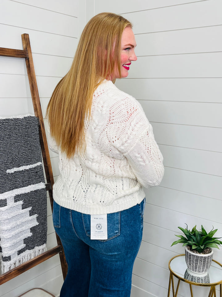 Cream V Neck Cable Knit Sweater