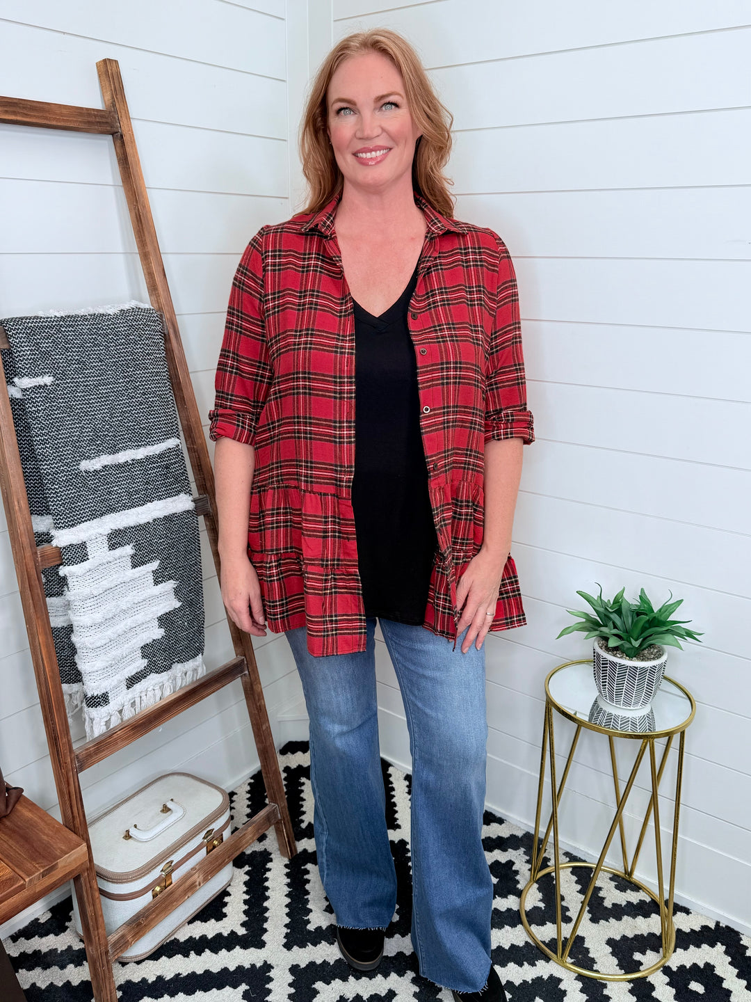 Plaid Ruffle Hem Button Up Tunic