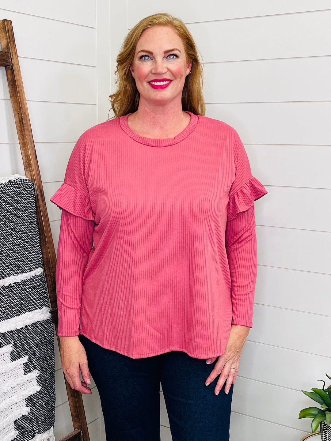 Mauve Ruffle Shoulder Ribbed Long Sleeve Tee