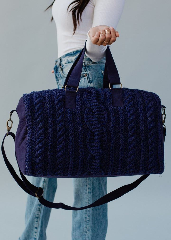 Navy Cable Knit Duffle Weekender Bag