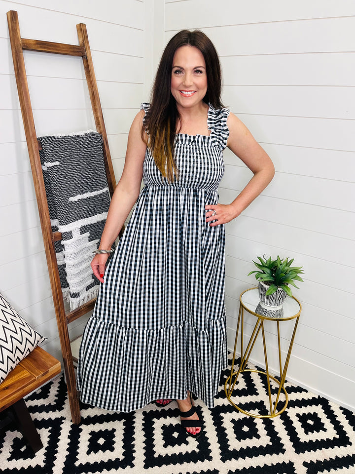 Classic Smocked Ruffle Strap Plaid Maxi Dress