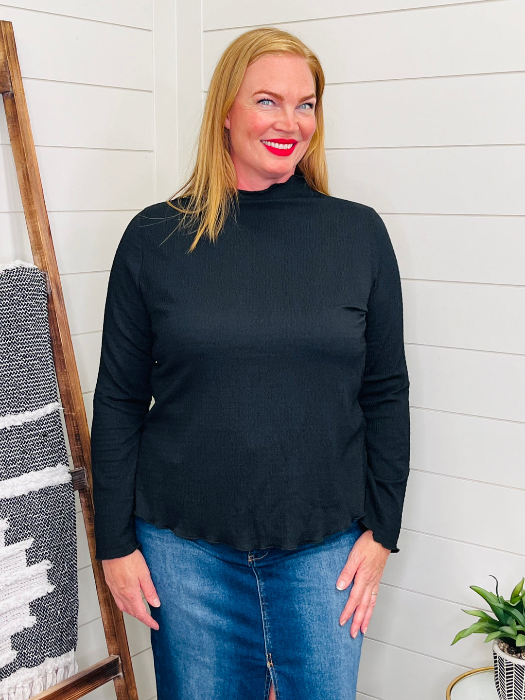 Black Textured Knit Long Sleeve Top