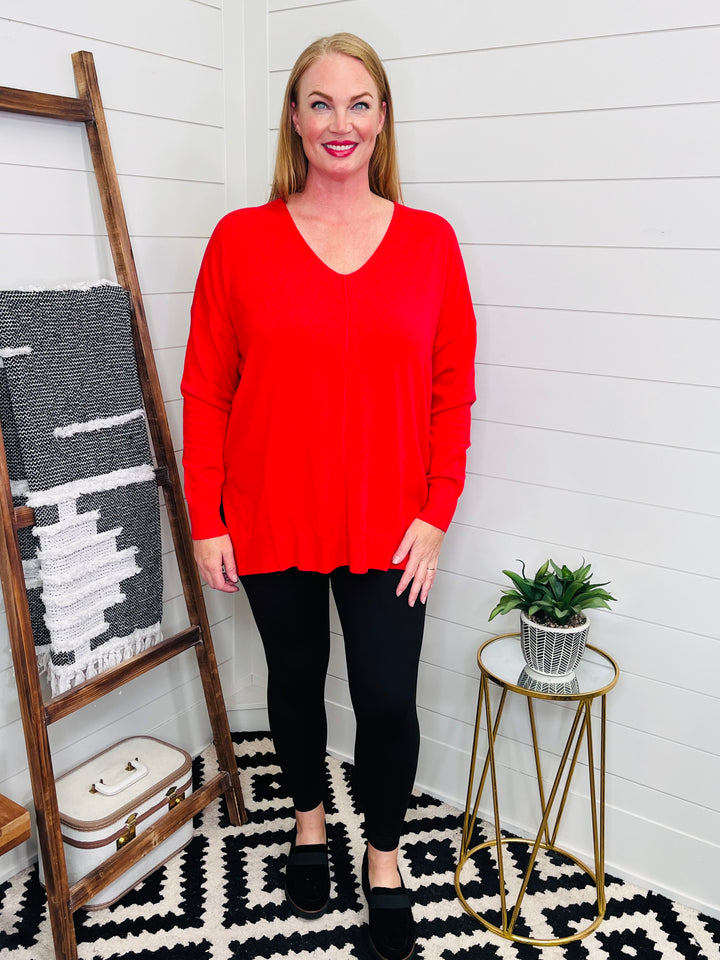 Luxe Hi-Low Center Seam V Neck Sweater: Red