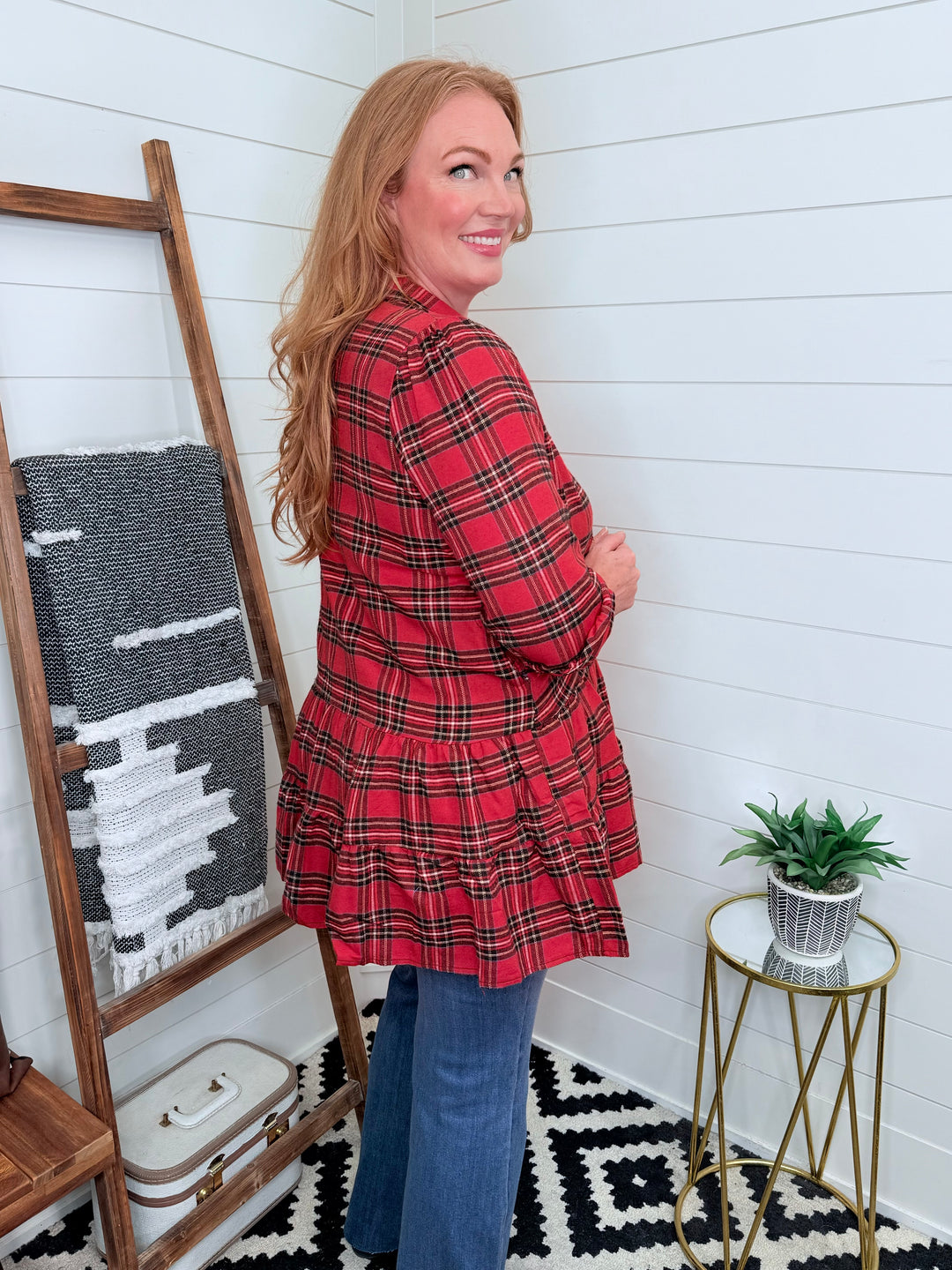 Plaid Ruffle Hem Button Up Tunic