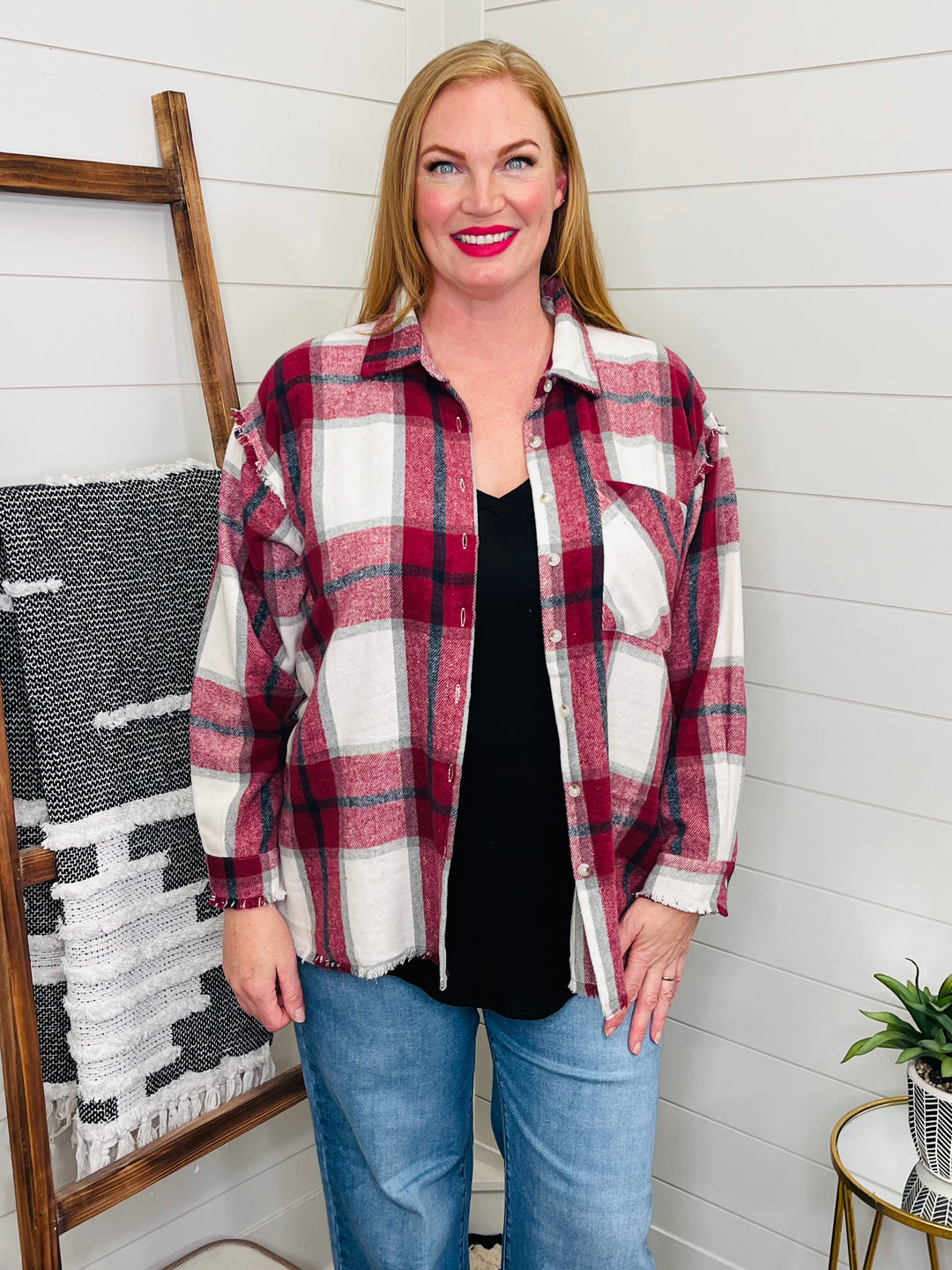 Raw Edge Red Plaid Shacket