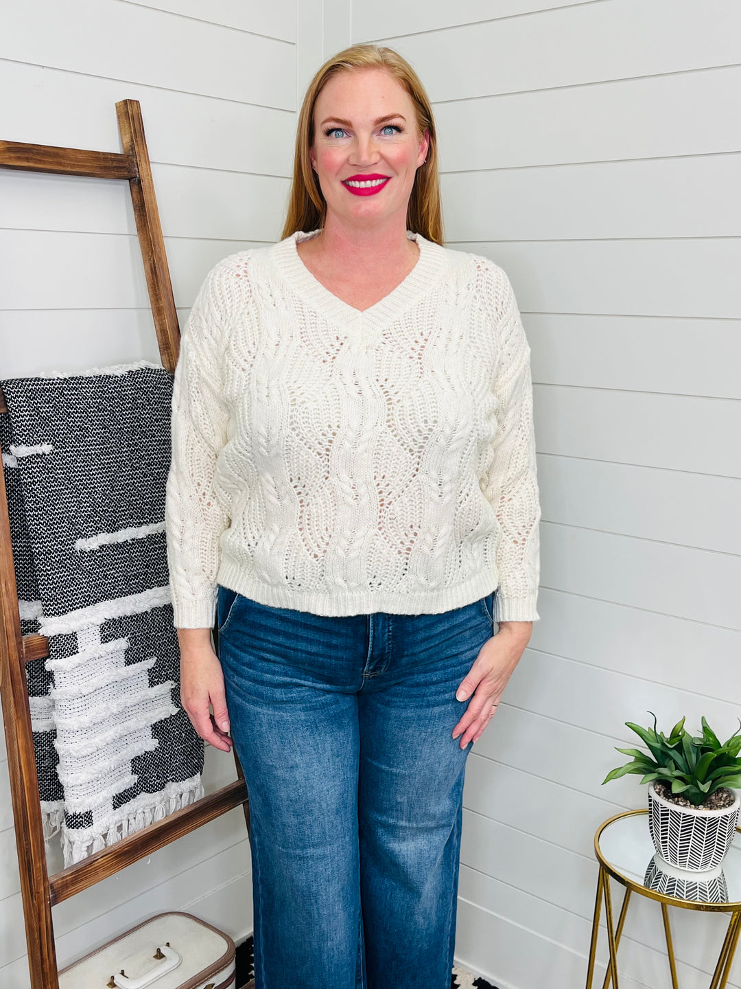 Cream V Neck Cable Knit Sweater