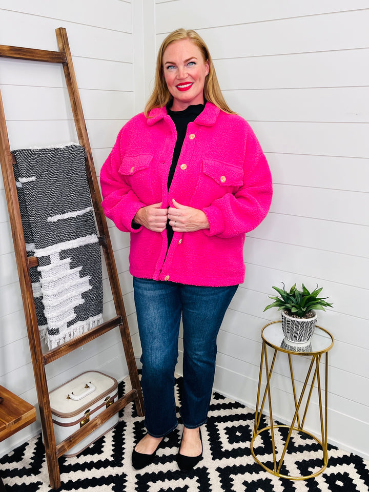 Hot Pink Sherpa Button Up Shacket