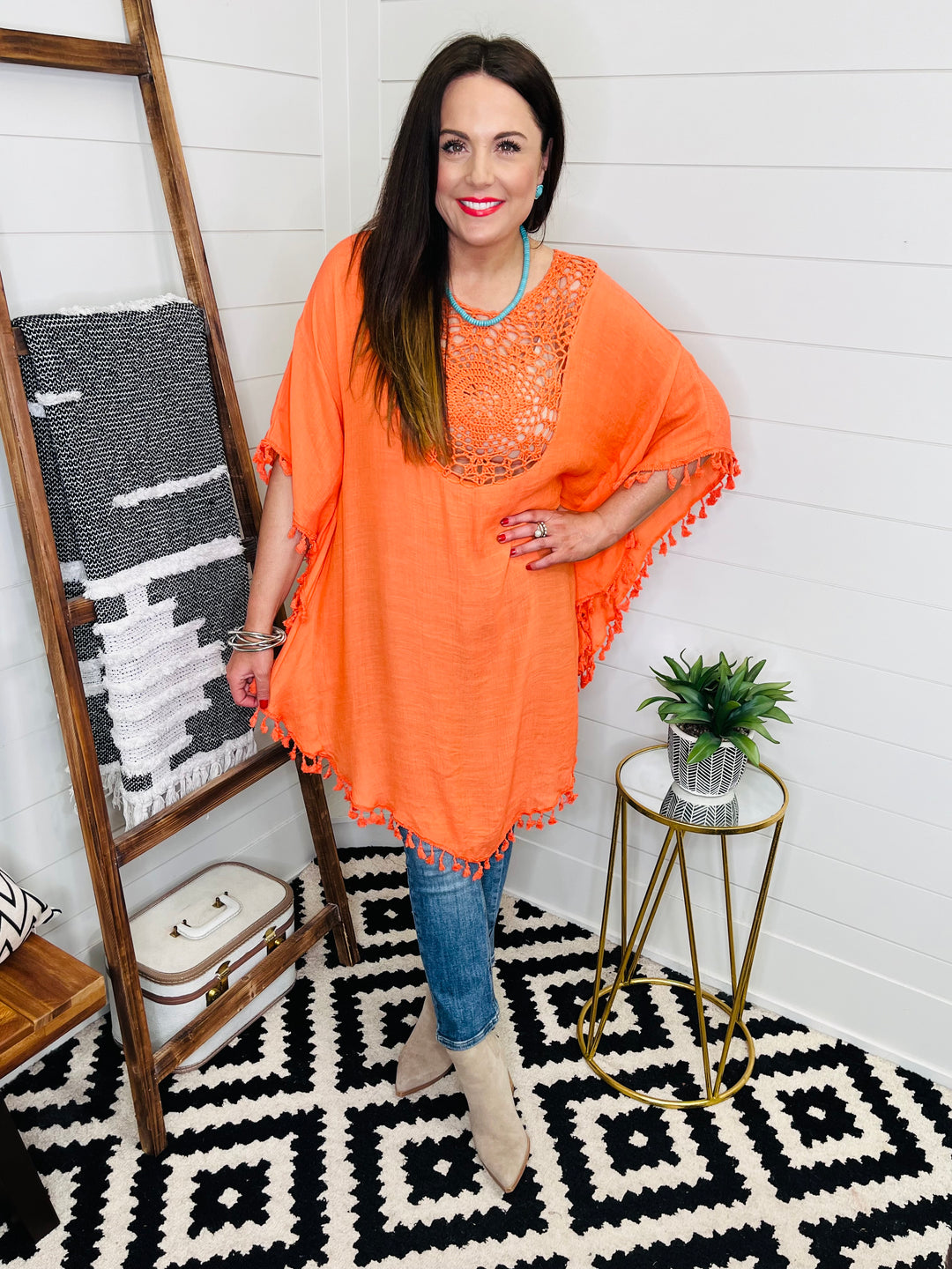 Orange Boho Crochet Cutout Tassel Coverup