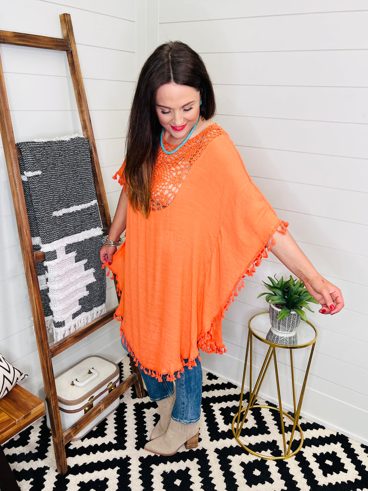 Orange Boho Crochet Cutout Tassel Coverup