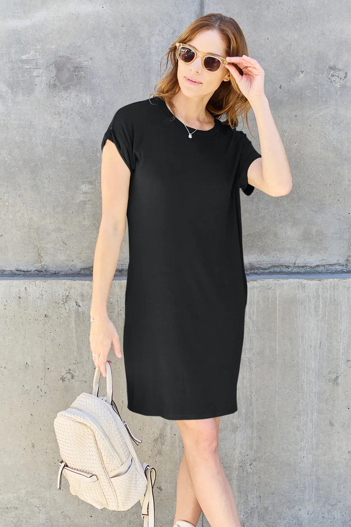 Everyday Ready Round Neck T Shirt Dress with Pockets: 2 Colors