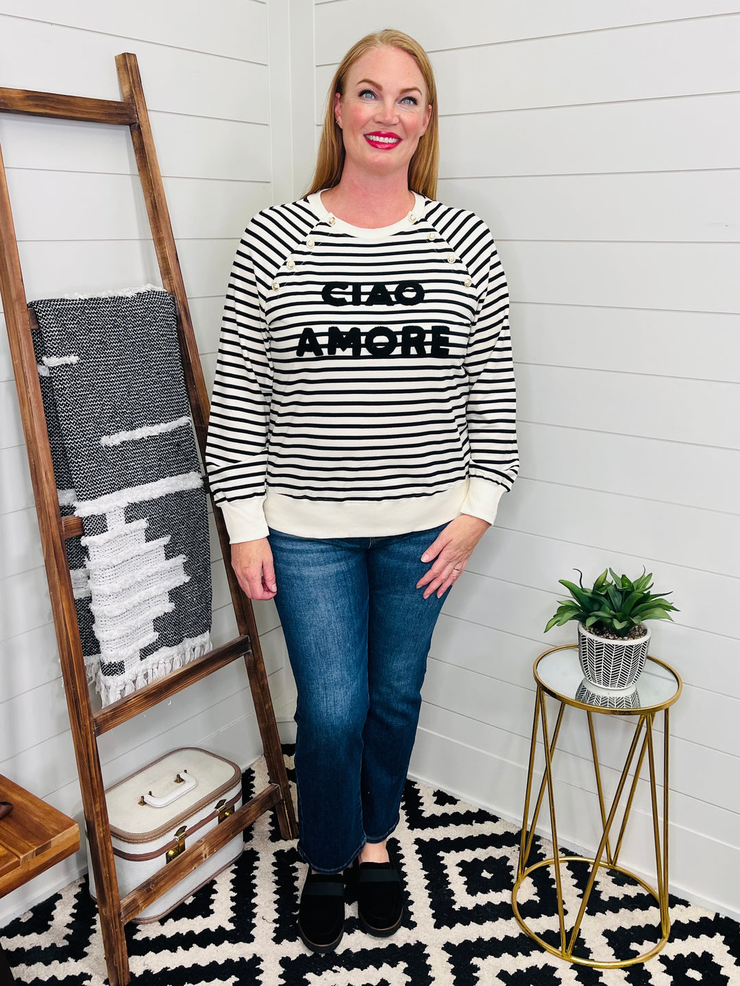 Ciao Amore Striped Button Detail Sweatshirt