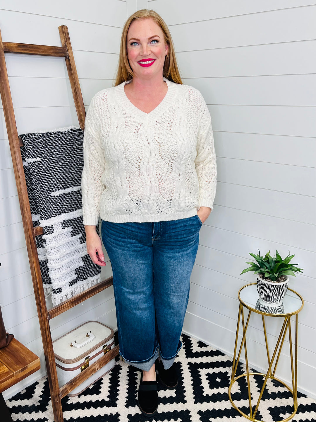 Cream V Neck Cable Knit Sweater