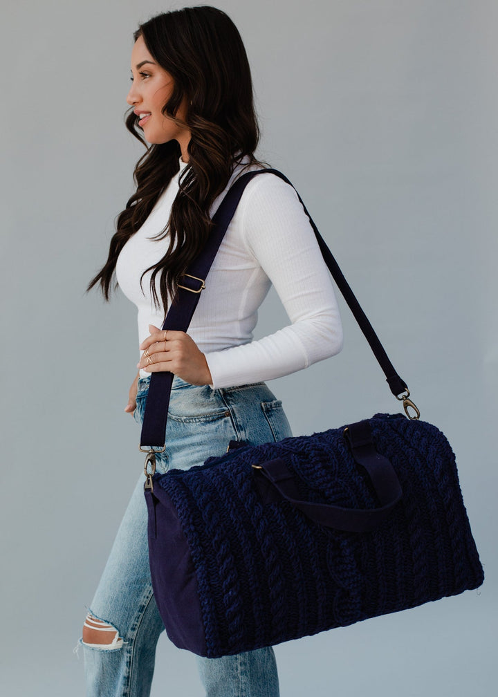 Navy Cable Knit Duffle Weekender Bag