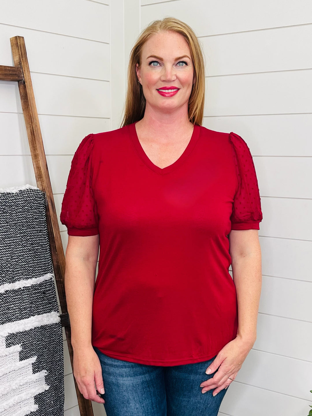 Merlot Swiss Dot Sleeve Top