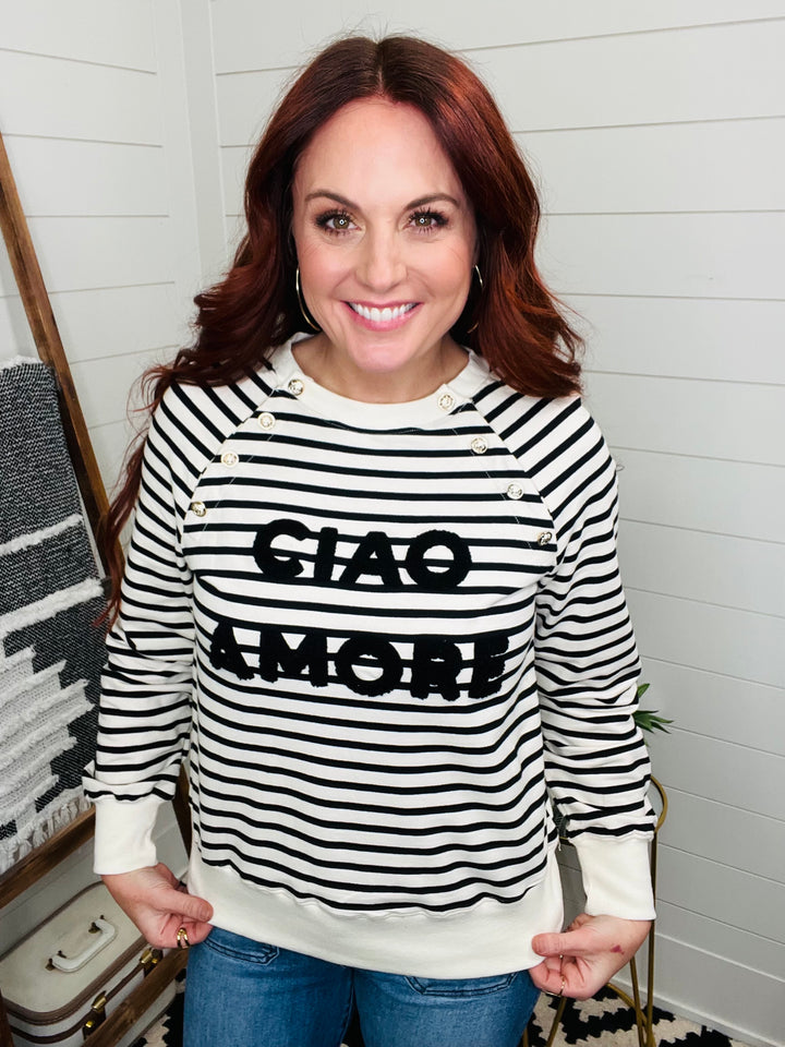 Ciao Amore Striped Button Detail Sweatshirt