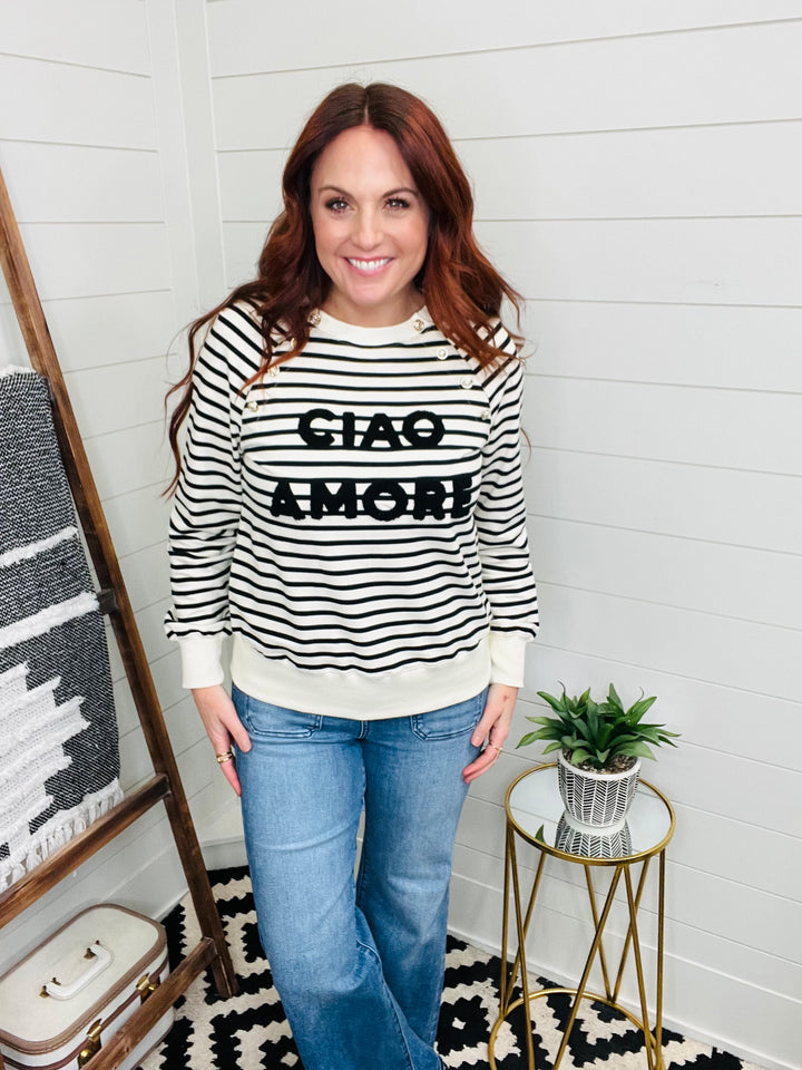 Ciao Amore Striped Button Detail Sweatshirt