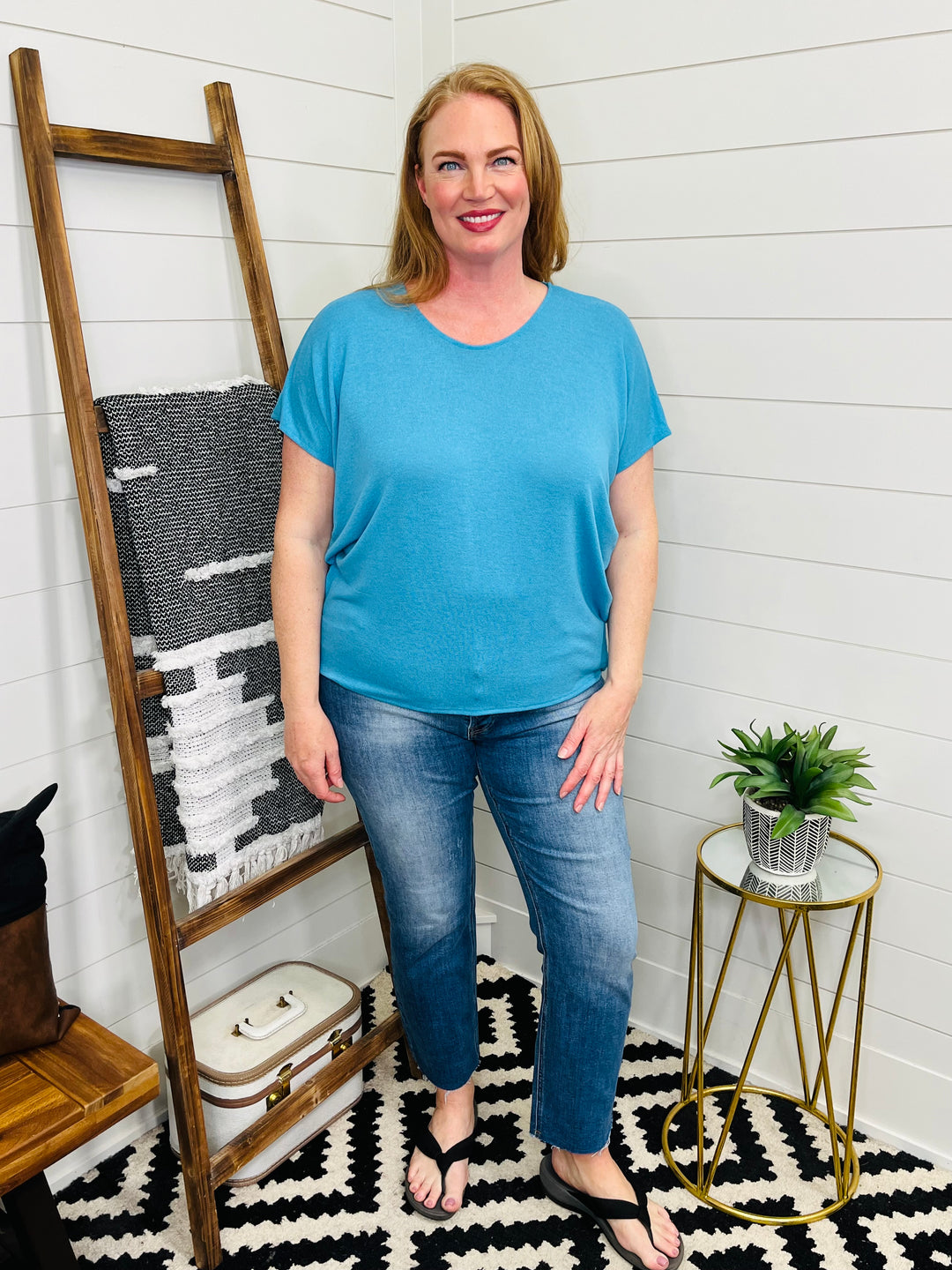 Short Sleeve Turquoise Textured Dolman Top