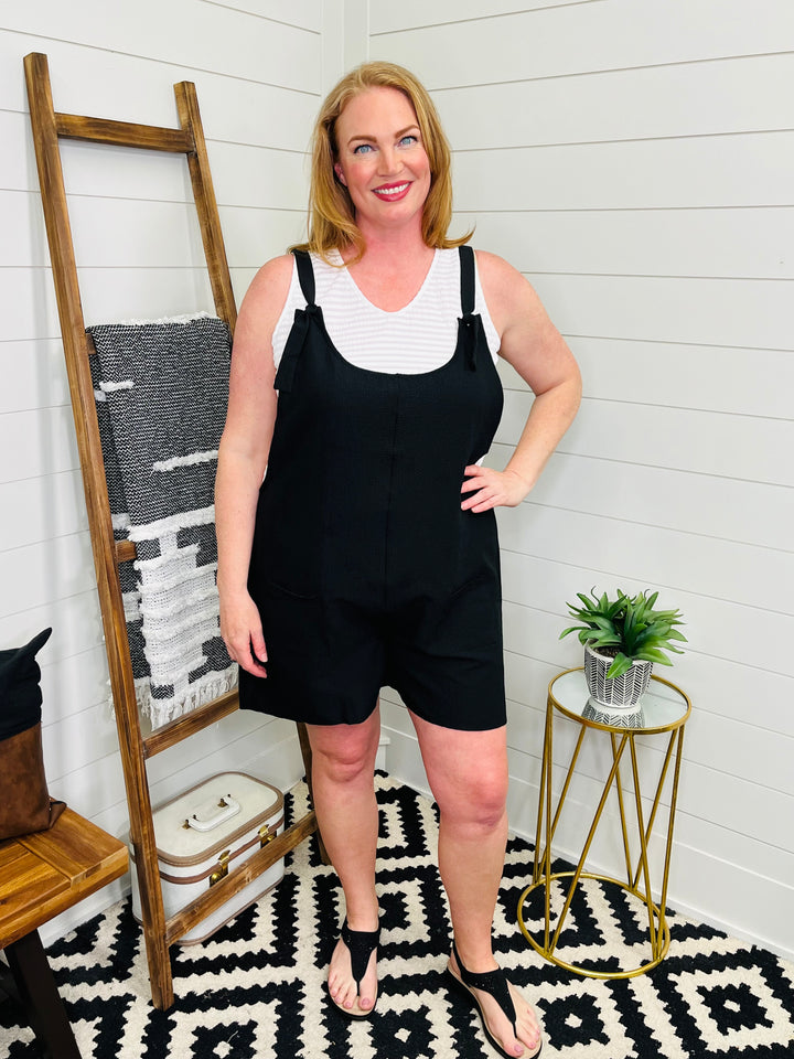 Black Crinkle Tie Strap Short Overall