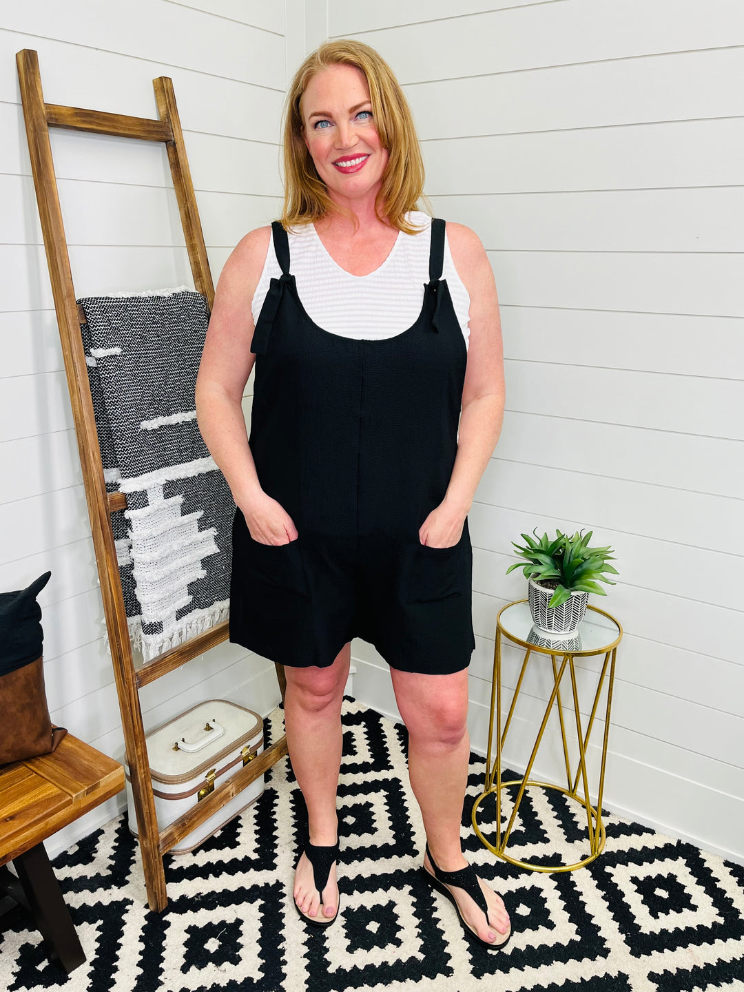 Black Crinkle Tie Strap Short Overall