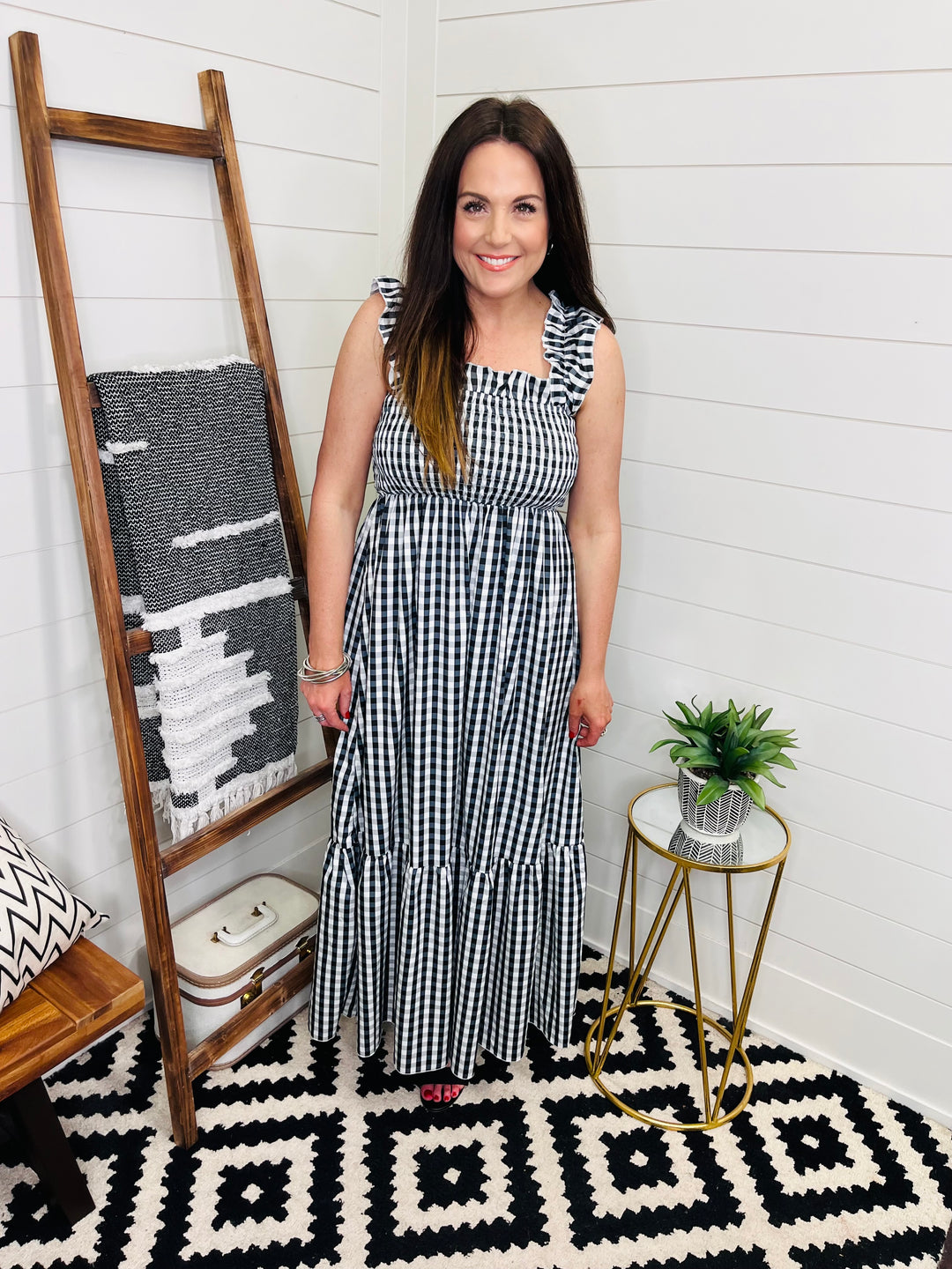 Classic Smocked Ruffle Strap Plaid Maxi Dress