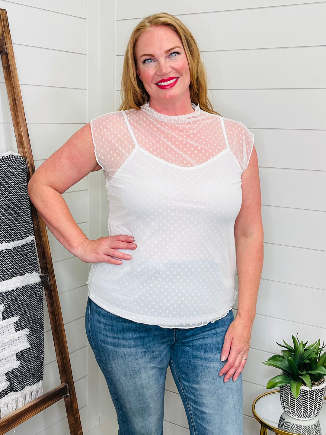 Sheer Dot Cap Sleeve Top w/ Cami