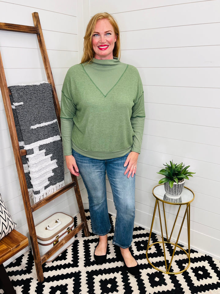 Olive Mock Neck Sweater w/ Reverse Stitching