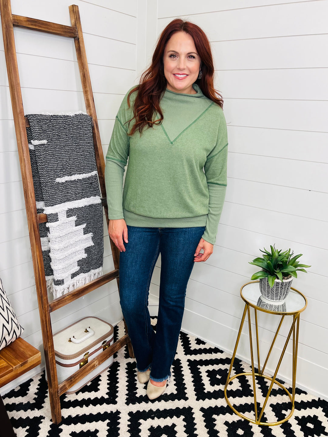 Olive Mock Neck Sweater w/ Reverse Stitching