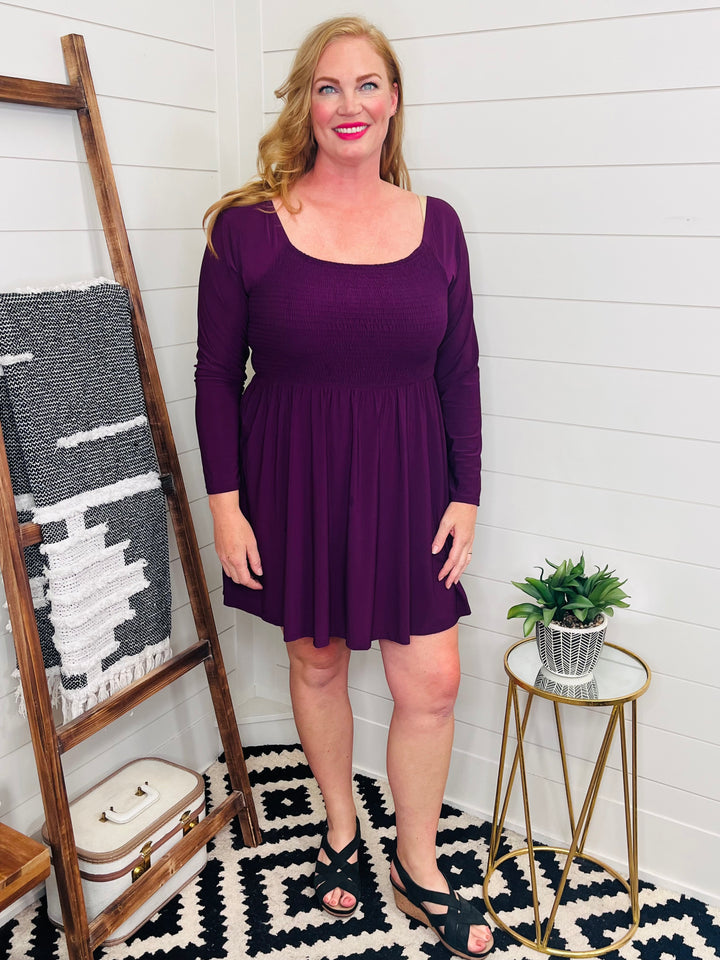 Plum Perfect Smocked Dress with Built In Shorts