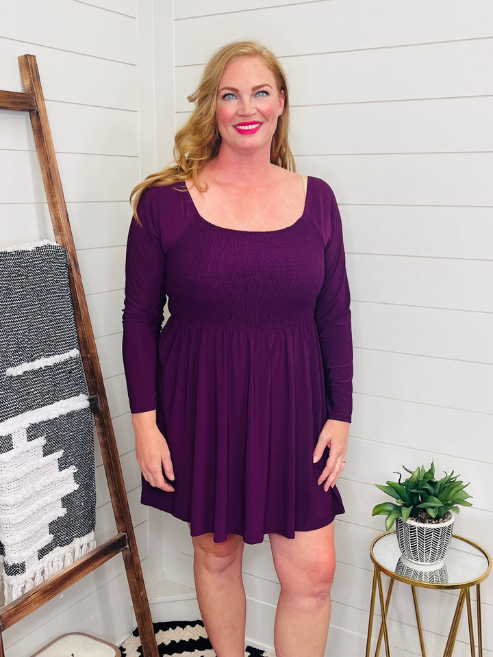 Plum Perfect Smocked Dress with Built In Shorts