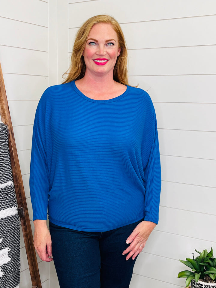 Ribbed Batwing Boatneck Sweater: Blue