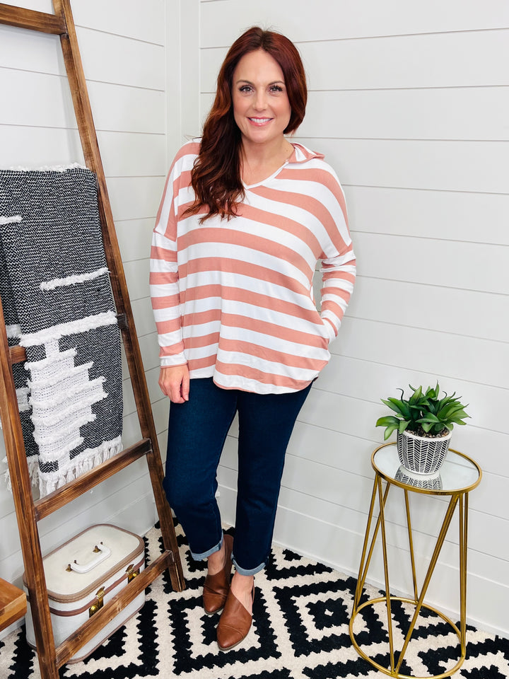 Blush Stripe Sweater Knit Hoodie with Pockets