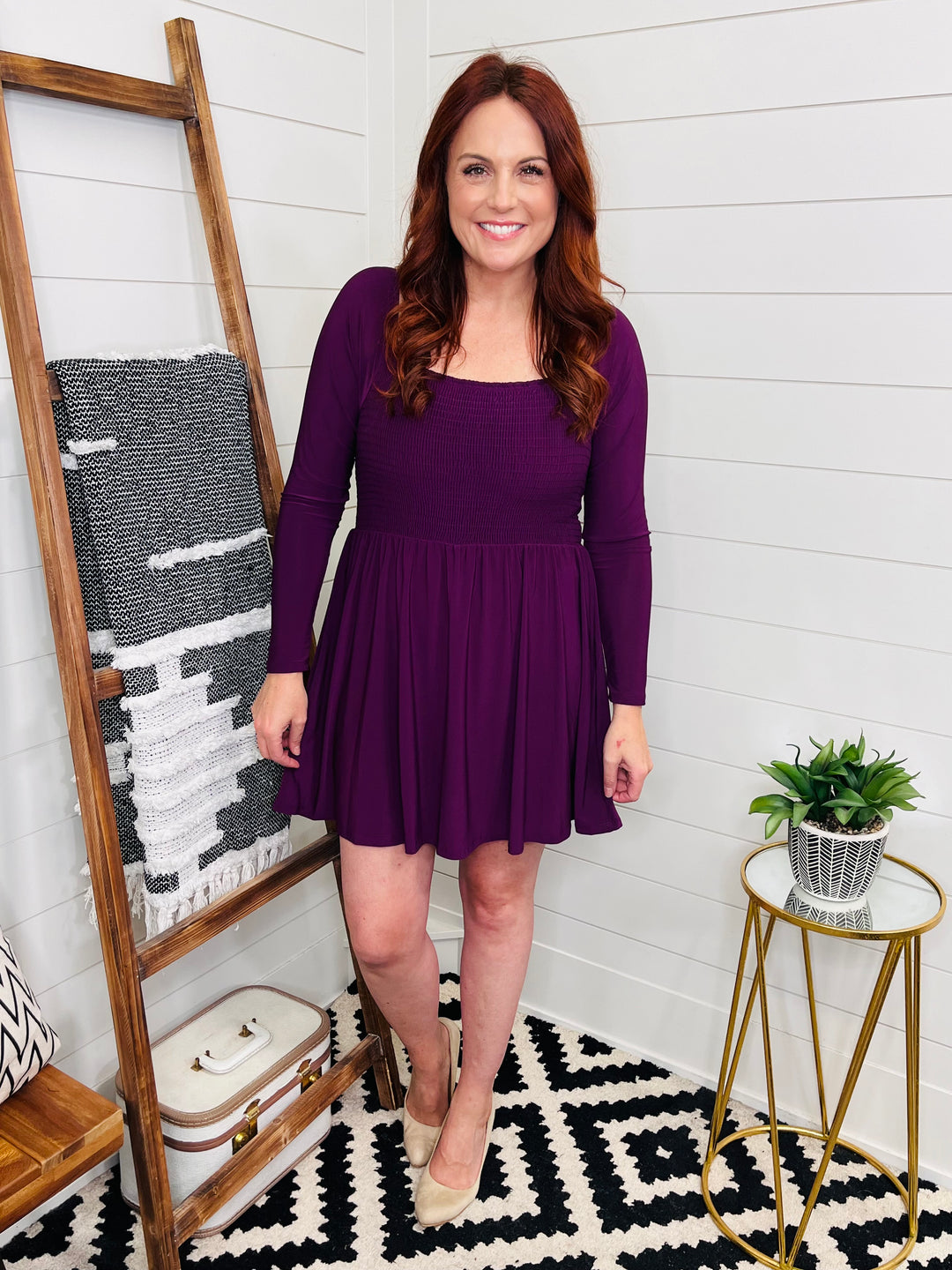 Plum Perfect Smocked Dress with Built In Shorts