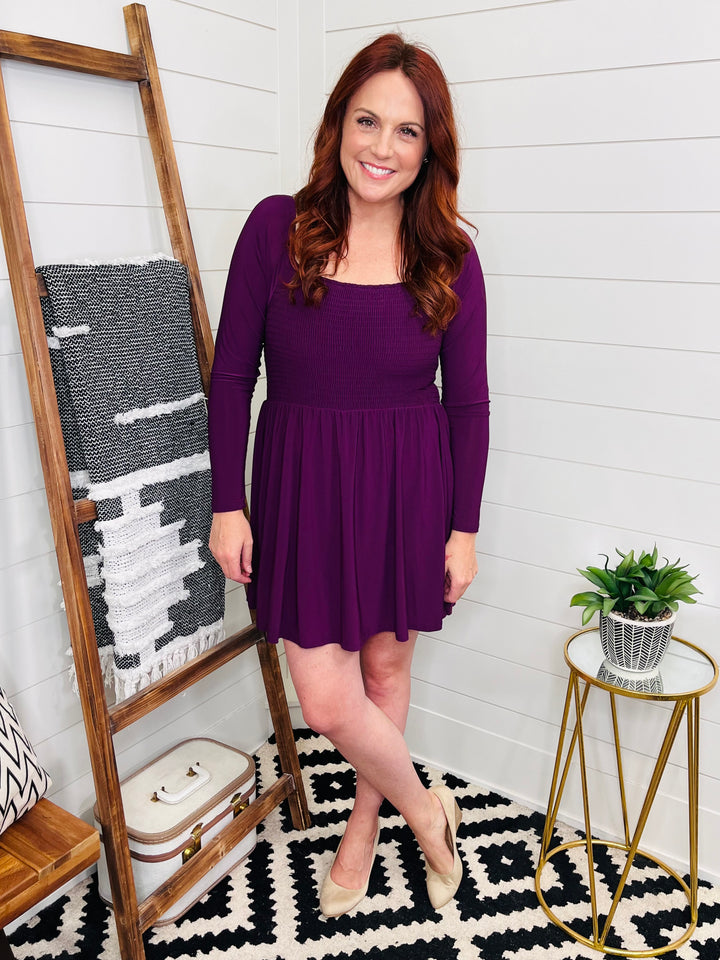 Plum Perfect Smocked Dress with Built In Shorts