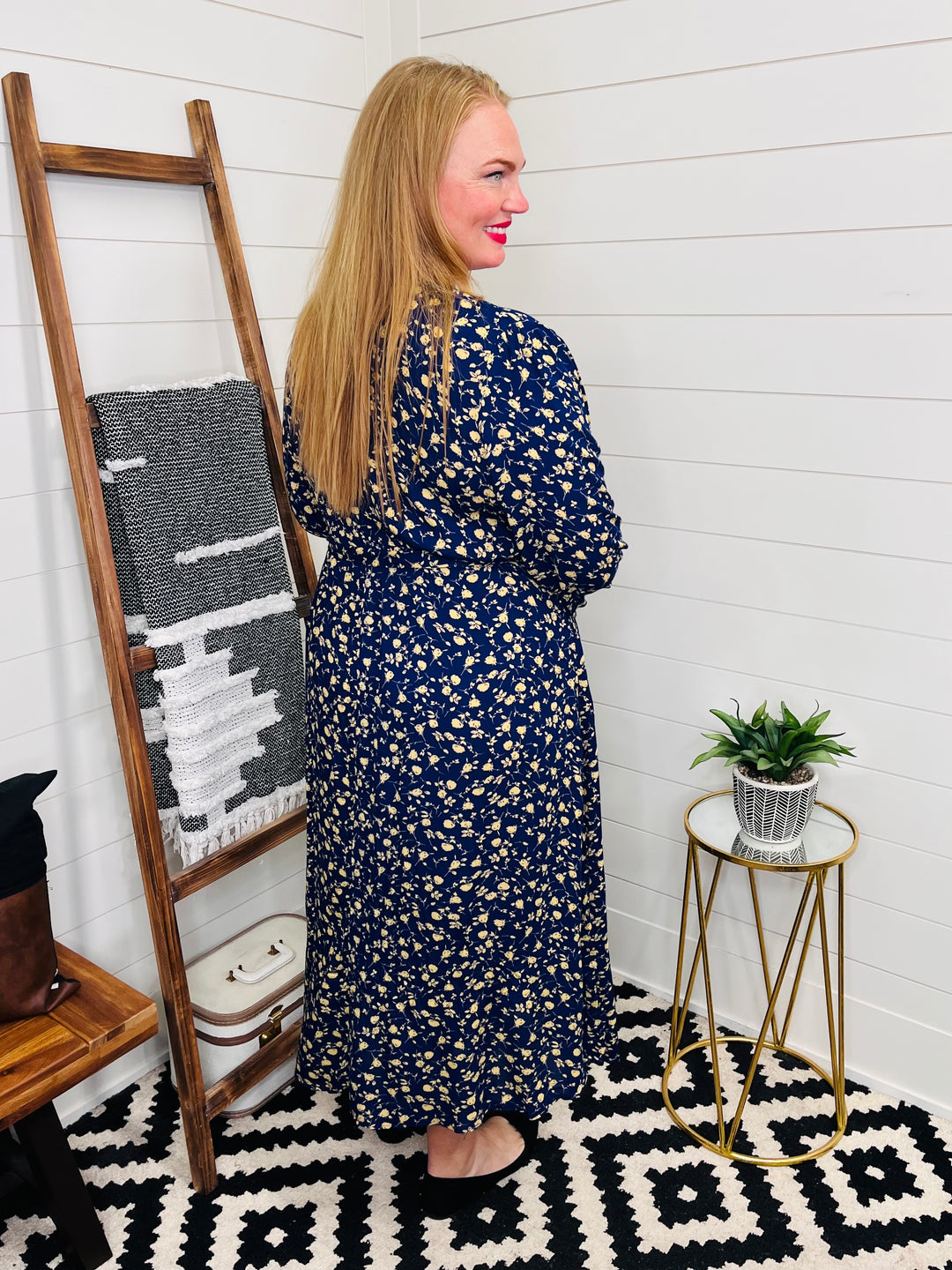 Navy Faux Wrap Flounce Sleeve Floral Midi Dress