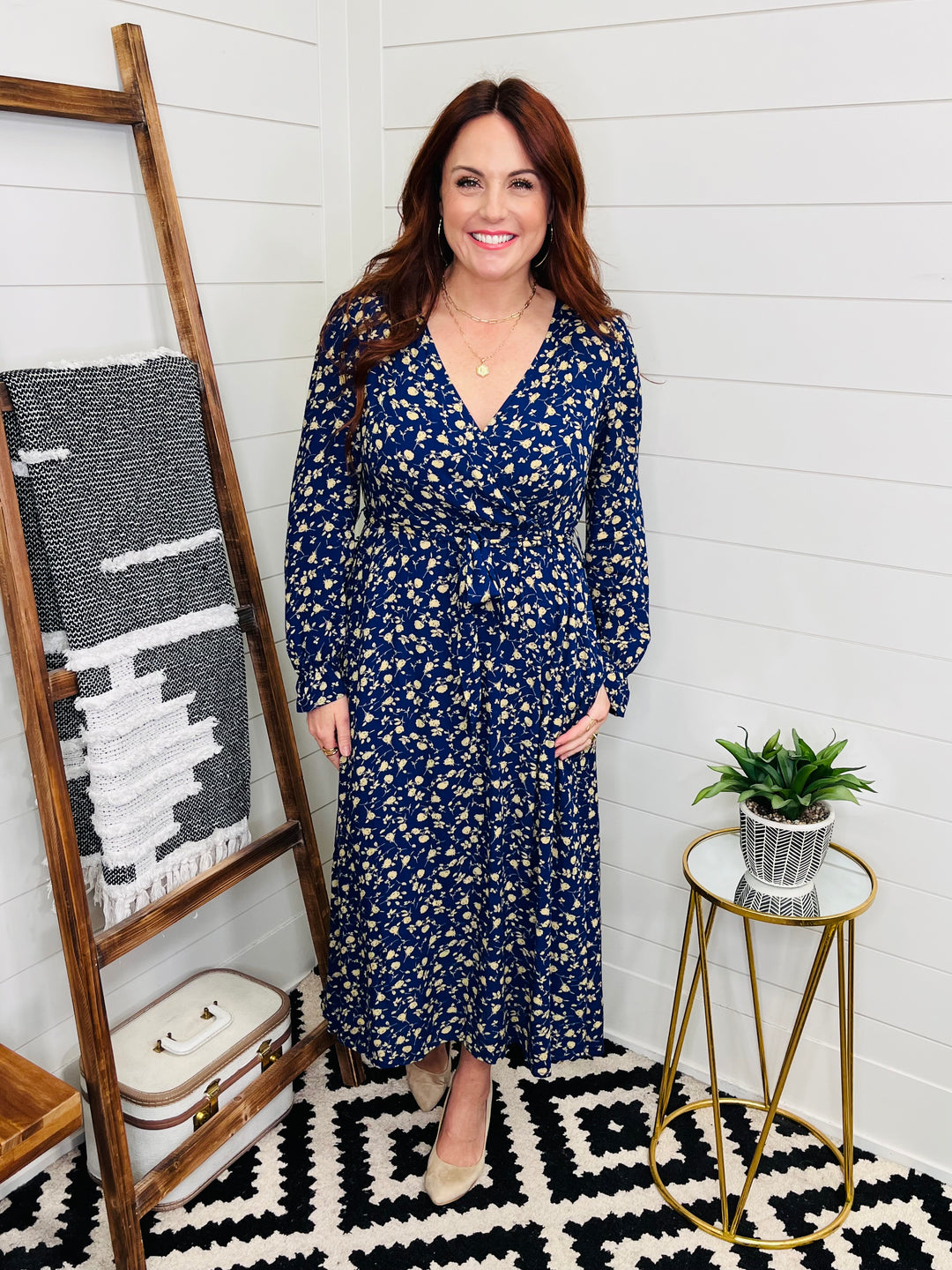 Navy Faux Wrap Flounce Sleeve Floral Midi Dress