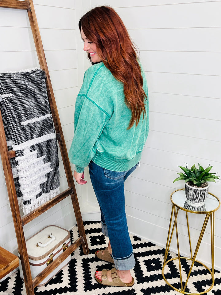 Acid Wash Oversized Fleece Pullover: Green