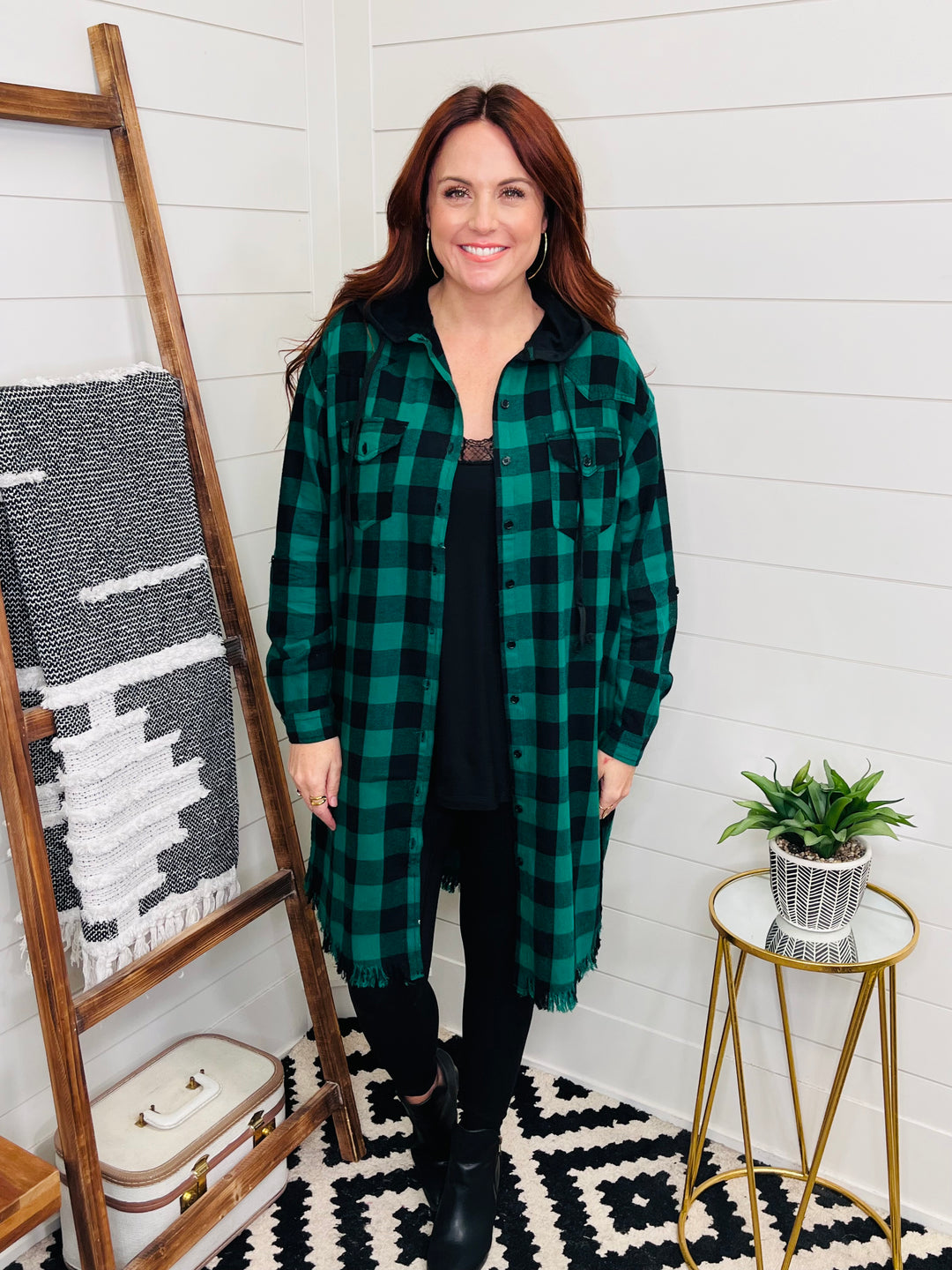 Risen Green Plaid Hooded Longline Shacket w/ pockets