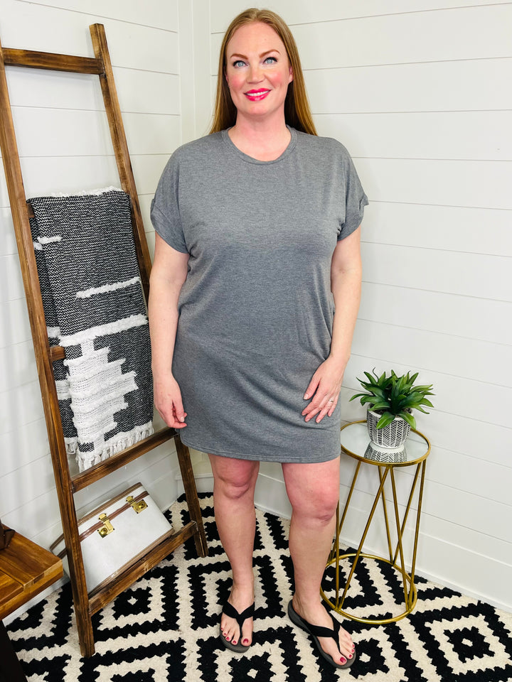 Everyday Ready Round Neck T Shirt Dress with Pockets: 2 Colors
