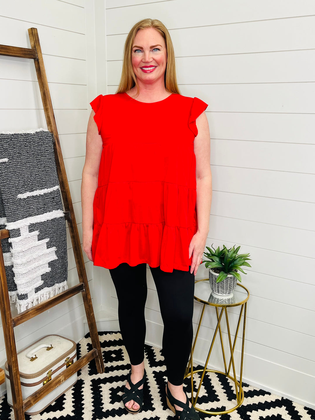 Ruby Red Ruffle Cap Sleeve Tiered Tunic