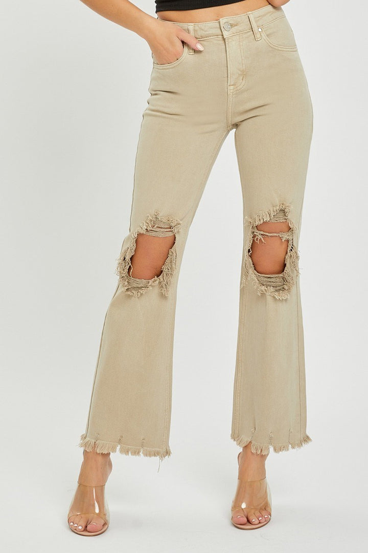 RISEN Kimmie Khaki Distressed Straight Jeans