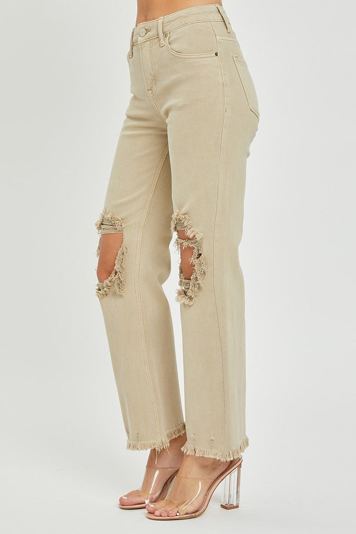 RISEN Kimmie Khaki Distressed Straight Jeans