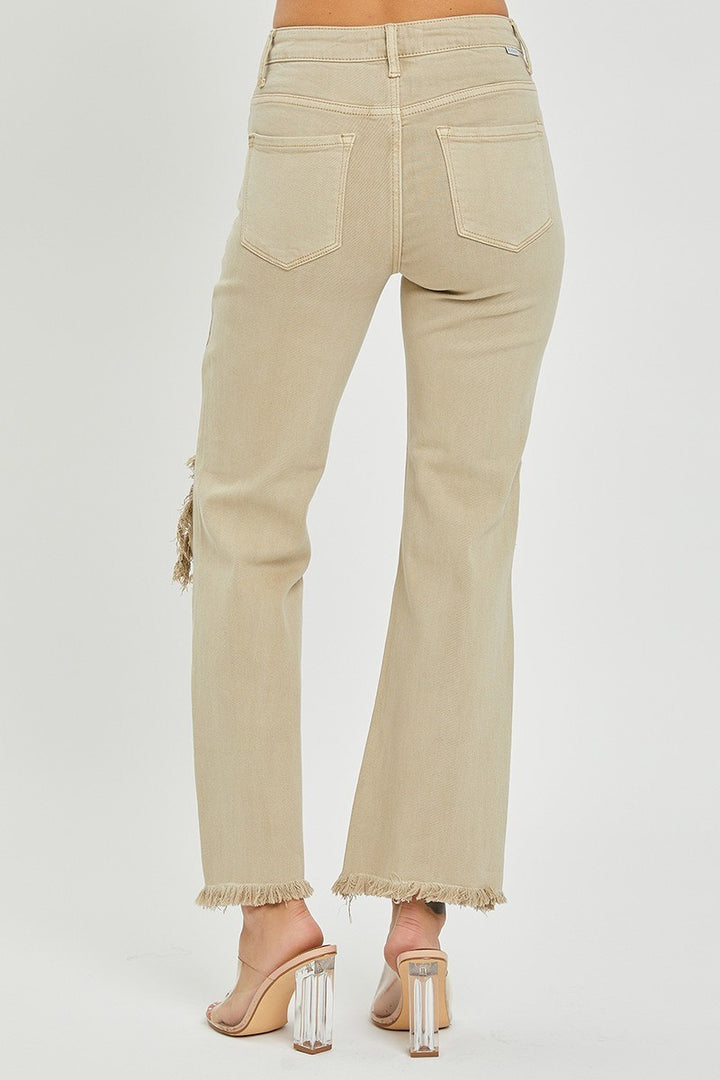 RISEN Kimmie Khaki Distressed Straight Jeans