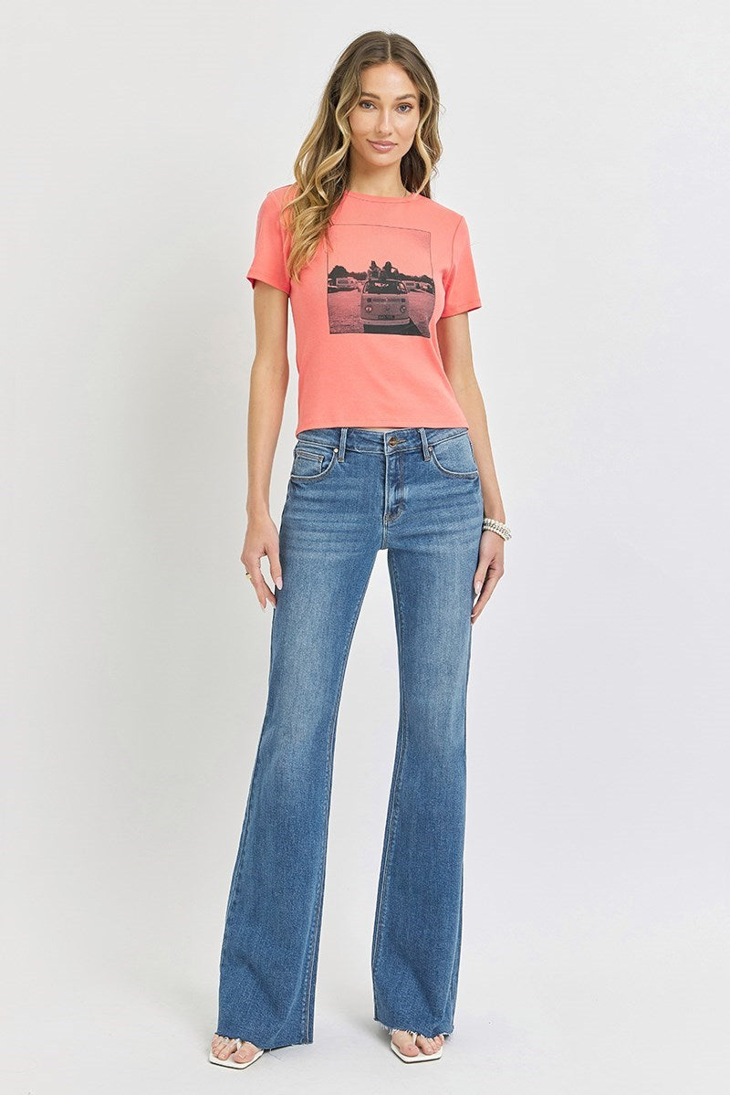 RISEN Madison Mid Rise Raw Hem Flare Jean