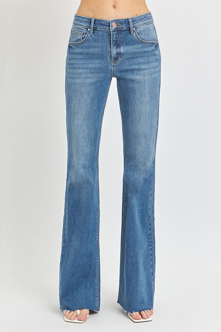 RISEN Madison Mid Rise Raw Hem Flare Jean